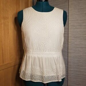 💐J. Crew Size 12 EUC White Eyelet Sleeveless Peplum Fully-Lined Cotton/Silk Top